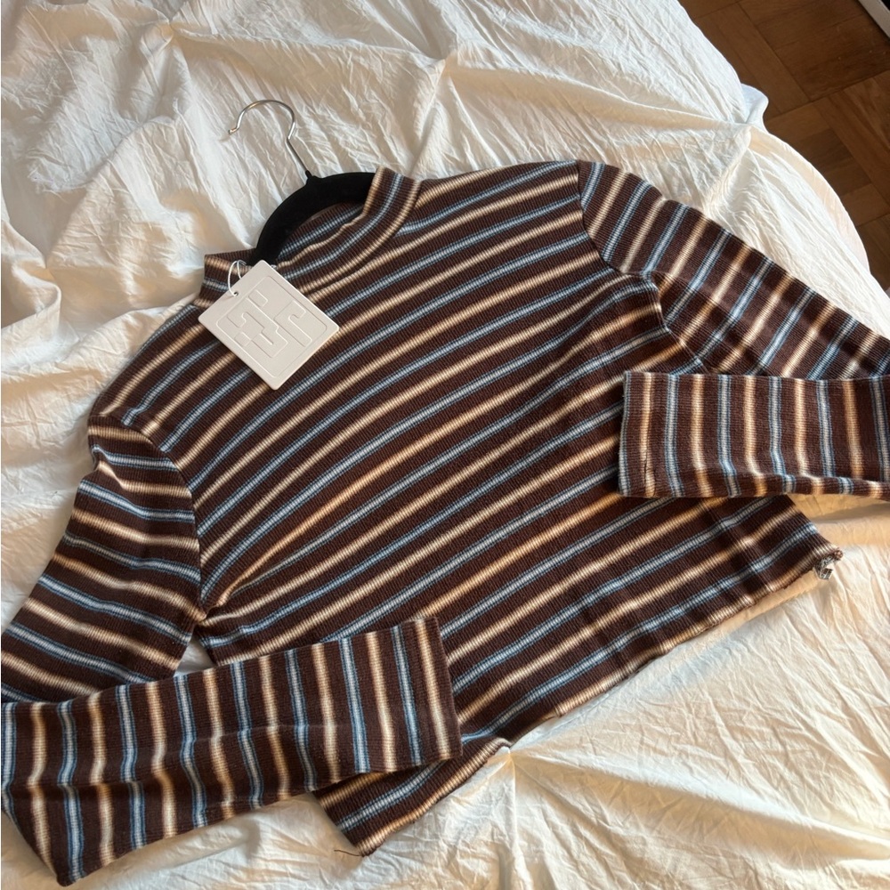 Striped Long Sleeve Top - Brown with blue and cream stripes